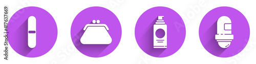 Set Nail file, Clutch bag, Spray can for hairspray and Antiperspirant deodorant roll icon with long shadow. Vector.