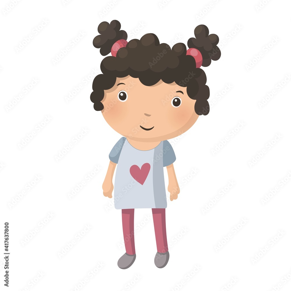Cute pretty young curly girl isolated on white background. Vector illustration