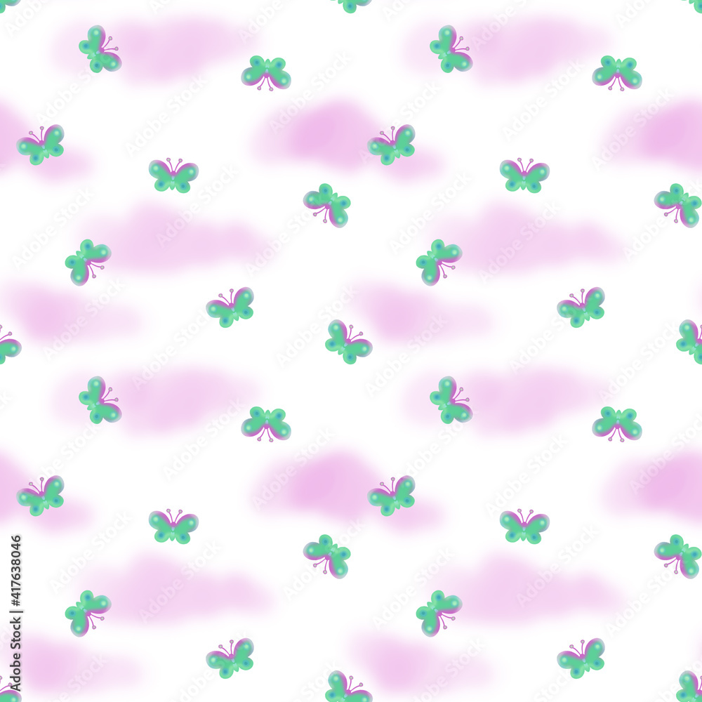 Cute seamless pattern with butterflies and pink clouds. Illustration for baby textiles, paper, packaging in cartoon style