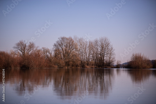 forest reflected in the lake in autumn season. wild landscape with leafless trees by the calm water