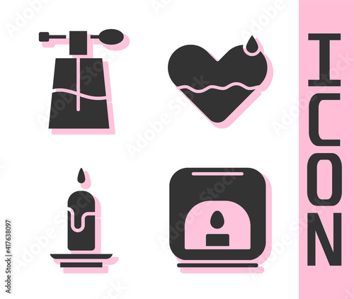 Set Aroma lamp, Perfume, Burning candle and Heart heal icon. Vector.