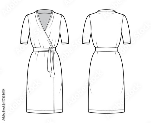 Wrap dress technical fashion illustration with deep V-neck, short sleeves, oversized, knee length, pencil cut, tie. Flat apparel template front, back, white color style. Women, men unisex CAD mockup