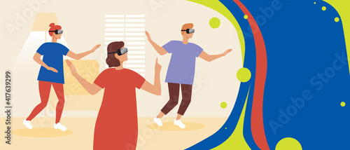 VR template with copy space and place for text, Flat vector stock illustration with virtual reality, team of players