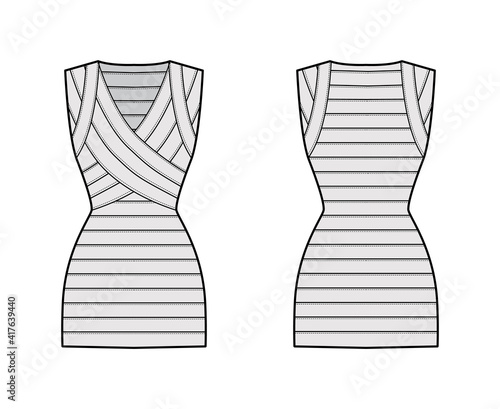 Bandage dress technical fashion illustration with V-neck, sleeveless, fitted body, elasticated, mini length, pencil cut. Flat apparel template front, back grey color style. Women men unisex CAD mockup