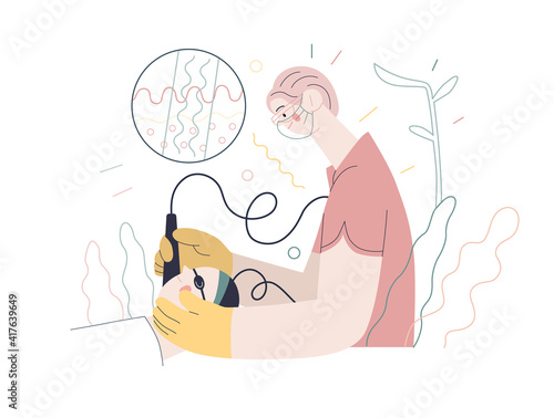 Dermatology, cosmetology -medical insurance illustration -modern flat vector concept digital illustration of a dermatologist carrying out the procedure of laser treatment, medical office or laboratory