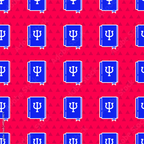 Blue Psychology book icon isolated seamless pattern on red background. Psi symbol. Mental health concept, psychoanalysis analysis and psychotherapy. Vector.