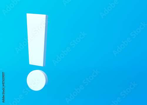 White exclamation mark on blue background. Minimal ideas concept. 3D rendering, 3D illustration