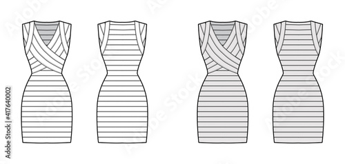 Bandage dress technical fashion illustration with V-neck, sleeveless, fitted body, elasticated, knee length, pencil cut. Flat apparel front, back, white, grey color style. Women, men unisex CAD mockup