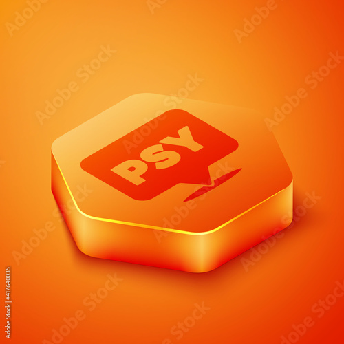 Isometric Psychology icon isolated on orange background. Psi symbol. Mental health concept, psychoanalysis analysis and psychotherapy. Orange hexagon button. Vector.