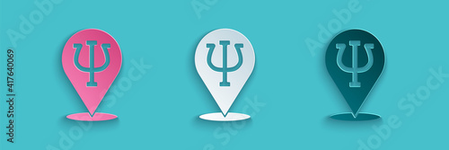 Paper cut Psychology icon isolated on blue background. Psi symbol. Mental health concept, psychoanalysis analysis and psychotherapy. Paper art style. Vector.