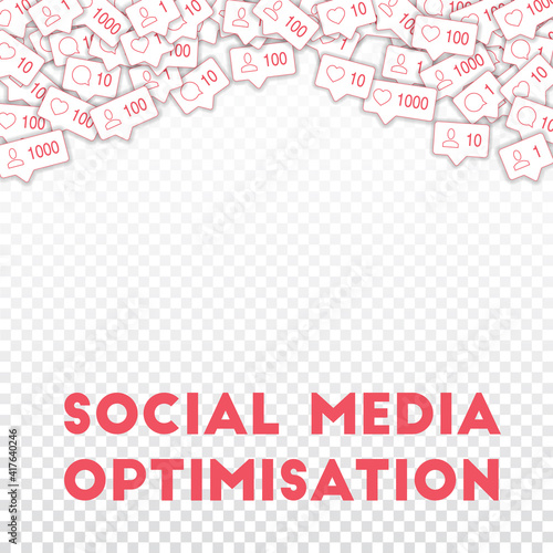 Social media icons. Social media optimisation concept. Falling counter comment friend notification.