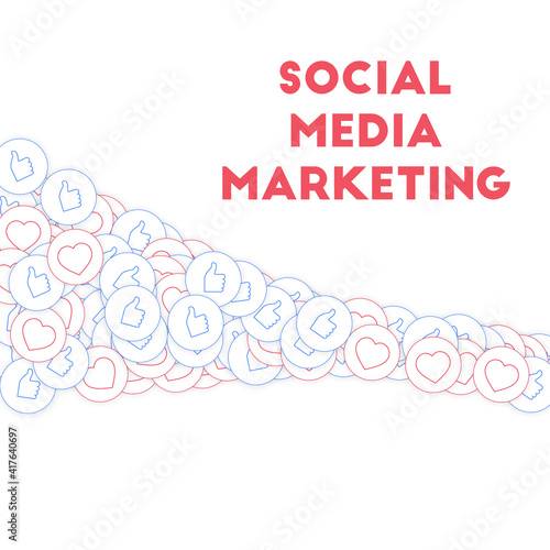 Social media icons. Social media marketing concept. Falling scattered thumbs up hearts. Square shape