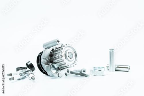 Car service tools. Set of new metal car part. Auto motor mechanic spare or automotive piece isolated on white background. Technology of mechanical gear.
