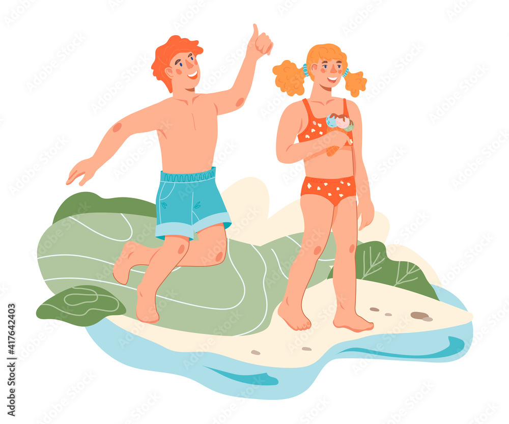 Cute children in swimsuits on the sunny sea or river beach coast. Boy and girl enjoying summer vacation and water activity, flat vector illustration isolated on white background.