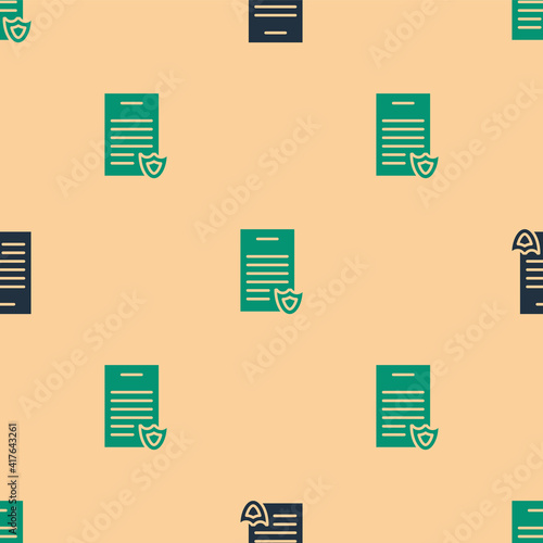 Green and black Firearms license certificate icon isolated seamless pattern on beige background. Weapon permit. Vector.
