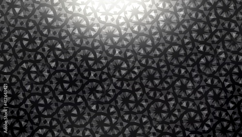 Geometric swirls ornamental shimmering pattern cover black metal textured background.
