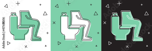 Set Men sitting on the toilet and Constipation are experiencing severe abdominal pain icon isolated on white and green, black background. Vector.
