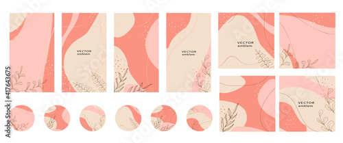 Set of templates for social media story, message, highlight. Vector abstract organic shapes with leaf elements