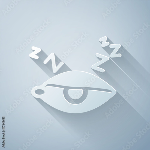 Paper cut Insomnia icon isolated on grey background. Sleep disorder with capillaries and pupils. Fatigue and stress. Paper art style. Vector.