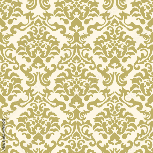 Damask seamless vector pattern. Classic vintage damask ornament, royal victorian geometric seamless pattern for wallpaper, textile, packaging. Floral baroque pattern, gold background 