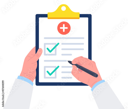 Doctor hands holding clipboard with checklist for medical report. Medical prescription pad. Vector.