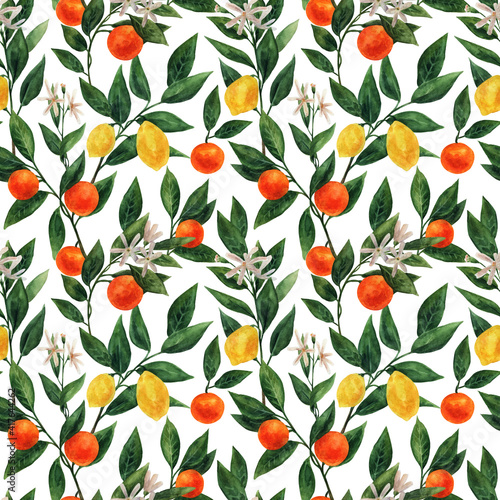 Watercolor pattern with tangerines and lemons