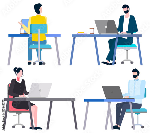 How to write business plan, people working on laptops and planning financial issues. Vector investors analyzing sales, consultants sitting at tables on chair