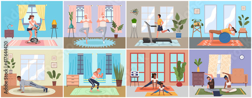 Fototapeta Naklejka Na Ścianę i Meble -  Sport at home scenes set. Young people and elderly couple training during quarantine. Persons go in for sports in apartment. Stay home concept. Man and woman doing exercise, train on the simulator