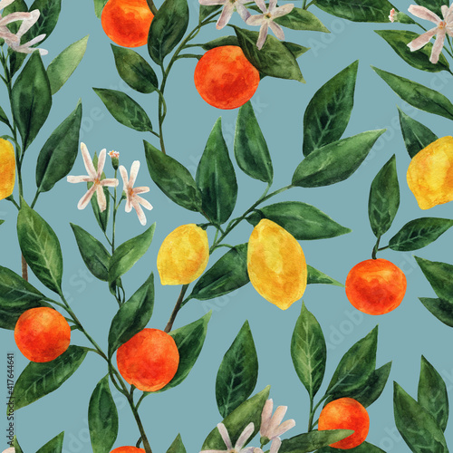 Watercolor pattern with tangerines and lemons