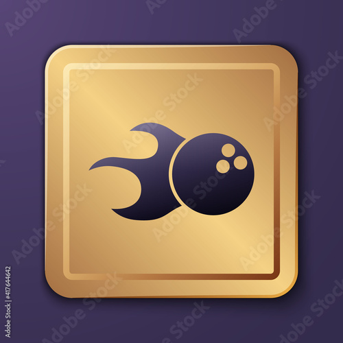 Purple Bowling ball icon isolated on purple background. Sport equipment. Gold square button. Vector.