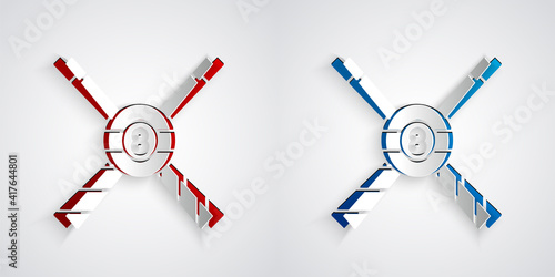 Paper cut Crossed billiard cues and ball icon isolated on grey background. Paper art style. Vector.