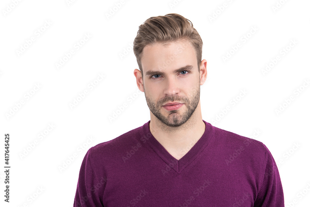 Unshaven guy with healthy hair on young facial skin isolated on white, skincare Unshaven guy with healthy hair on young facial skin isolated on white, skincare