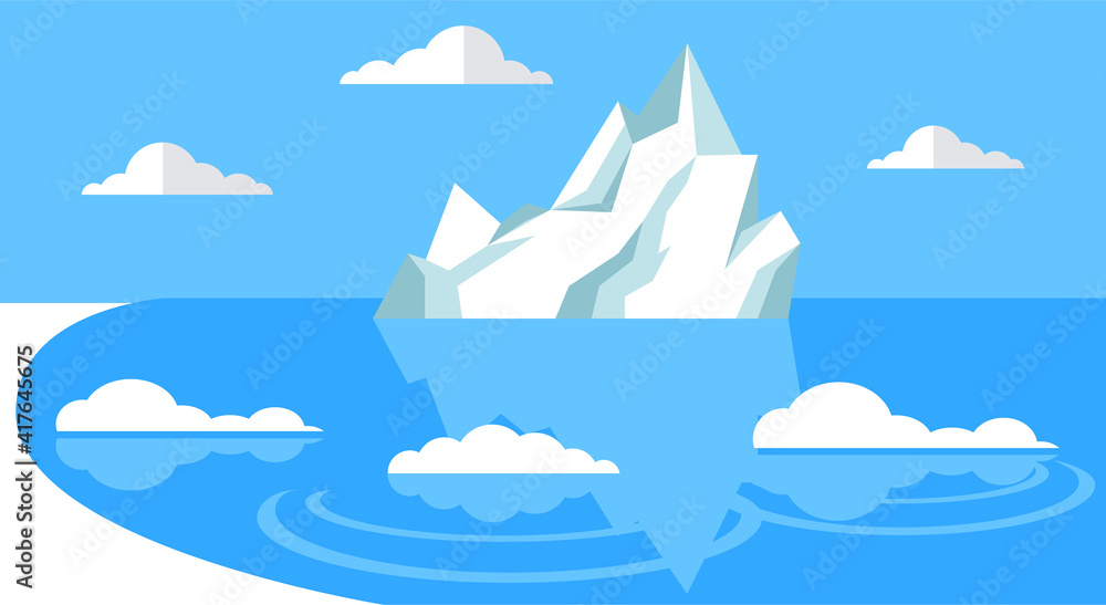 Iceberg floating in cold sea. Melting glacier, block of ice with flowing water. Mountain in antarctica made of ice surrounded by ocean. Rock from frozen water under clear sky with white clouds