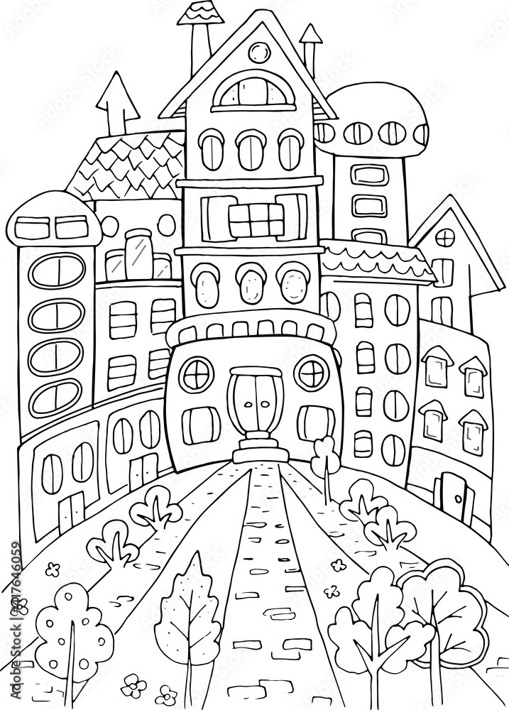 Hand drawing coloring PAGE for kids and adults. Fairy city landscape, cartoon, imaginary. Beautiful drawings with patterns and small details. Vector