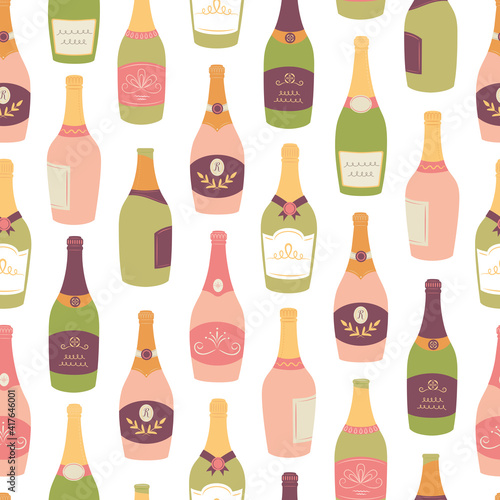 Champagne, Prosecco, Cava Bottles Seamless Pattern for Celebration, New Year, Winery