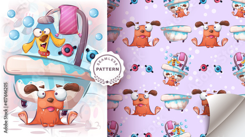 Dogs wash in the bath - seamless pattern