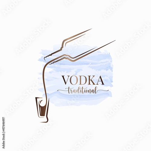 Vodka bottle watrecolor logo. Vodka shot on white