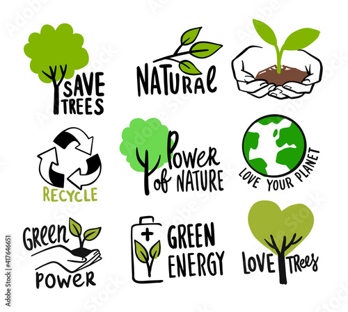 Ecologic labels. Eco safe emblems, green logo lettering. Sticker or ecological sign concept.