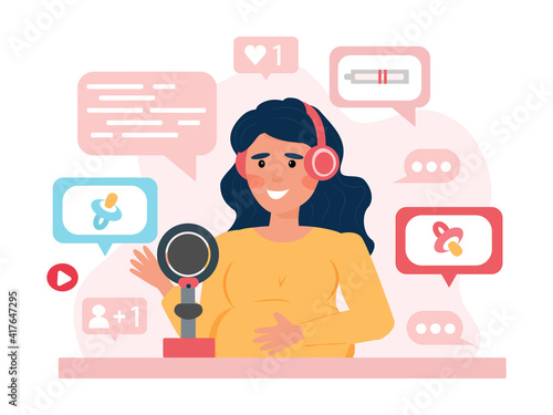 a pregnant girl records a podcast about pregnancy, childbirth, gender determination into the microphone. Vector illustration, flat.