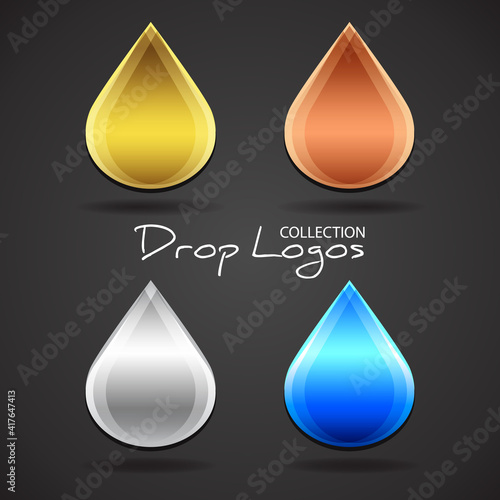 Set of falling drop logos. Vector graphic concept of company identity. Clean water, oil symbol and other liquid icons. Blue, golden, silver and bronze icons