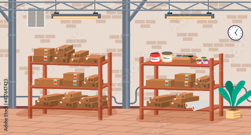 Racks with boxes and color containers cans with dyes in printing house room vector illustration. Cardboard containers stand on shelves in modern typography or print office near brick wall