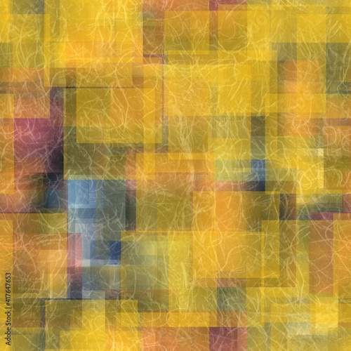 Seamless overlaid geometric shape pattern print. High quality illustration. Transparent rectangles filled with gradient colors scattered. Handmade paper texture overlay.