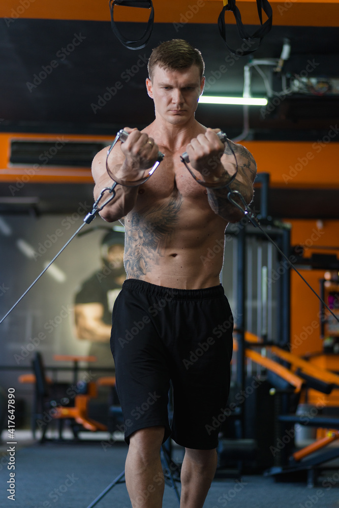 an athlete in the gym performs an exercise for the hands on the simulator. sports lifestyle. beauty and health. an athlete in the gym performs an exercise for the hands on the simulator. sports lifestyle. beauty and health.