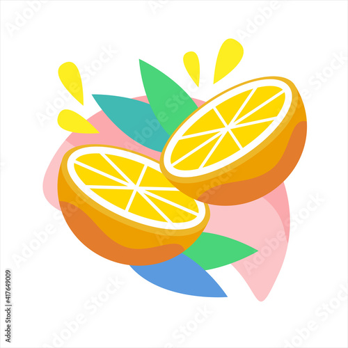 Citrus orange fruit icon with juicy drops and leaves. Orange half cutted.