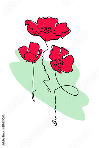 Abstract black and white drawing of poppies painted in bright colors  painted on a white background.