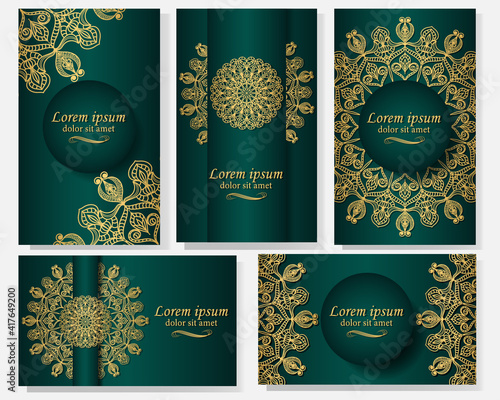  Set of five gorgeous green backgrounds with gold mandala image . Ethnic ornament on invitation, envelope, poster, cover, label.