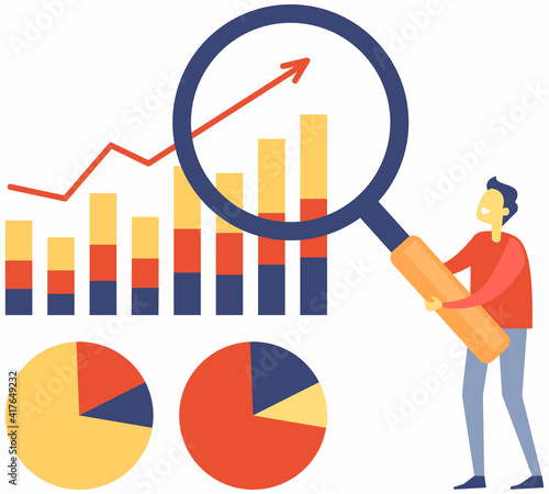 Man with magnifying glass analyzes indices on presentation with graph and charts, examines indicators of activity growth. Project management and financial report strategy. Business analysis planning