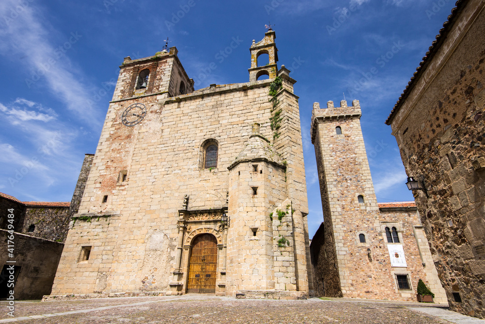 Caceres, Spain. The Iglesia de San Mateo (St Matthew Church) and the Torre del Palacio de las Ciguenas in Old Monumental Town, a World Heritage Site