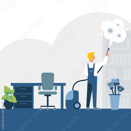 Ilustración vectorial de persona desinfectando una habitación por la COVID-19