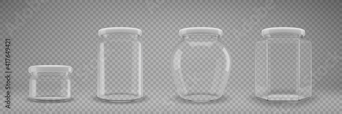 A set of glass jam jars with lids. A transparent jar with a white lid. Realistic 3D illustration. Vector